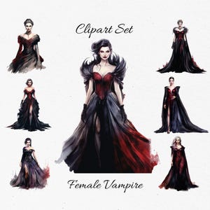 Vampire, Female, Women in old fashion dress Watercolor Clipart Bundle - Digital Download, Scrapbook PNGs