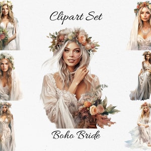 Boho bruid, bruiloft, huwelijk aquarel clipart bundel-digitale download, scrapbook PNGs