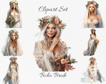Boho Bride, Wedding, Marriage Watercolor Clipart Bundle - Digital Download, Scrapbook PNGs