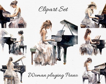 Woman Playing Piano, Music Watercolor Clipart Bundle - Digital Download, Scrapbook PNGs