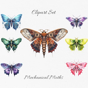 Mechanical Steampunk Moths, Fatasy , Magic Watercolor Clipart Bundle  - Digital Download, Scrapbook PNGs