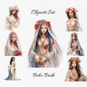 Aziatische Boho Bruid, Bruiloft, Huwelijk Aquarel Clipart Bundel - Digitale Download, Scrapbook PNG's