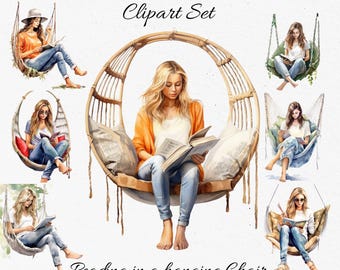 Reading in a hanging Chair, Reading Woman , Watercolor Clipart Bundle - Digital Download, Scrapbook PNGs