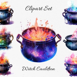 Könnte beinhalten: Aquarell-Cliparts mit verschiedenen Hexenkesseln mit bunten Flammen. Die Kessel sind in Blau-, Lila- und Grüntönen gehalten und weisen verzierte Griffe und brodelnde Tränke auf. Der Text "Clipart Set" und "Witch Cauldron" ist ebenfalls enthalten.