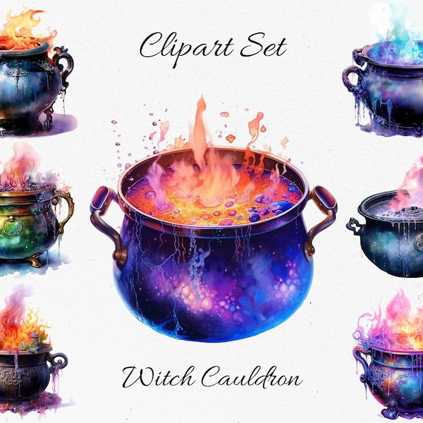 Witch Cauldron, Fantasy Watercolor Clipart Bundle - Digital Download, Scrapbook PNGs