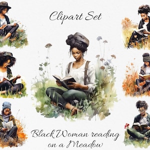 Mujer negra leyendo en un prado, mujer leyendo, paquete de imágenes prediseñadas de acuarela - Descarga digital, PNG de álbum de recortes