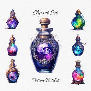 Könnte beinhalten: Eine Sammlung von sieben Fantasy-Trankflaschen mit aufwendigen Designs. Die Flaschen weisen eine Vielzahl von Farben auf, darunter Lila, Blau, Grün und Rosa. Die zentrale Flasche hat ein Totenkopf-Design. Der Text "Clipart Set" und "Potion Bottles" ist ebenfalls sichtbar.