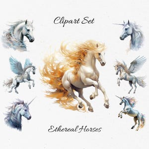 Ensemble de cliparts aquarelles de chevaux éthérés, de licornes et de pégases - Téléchargement numérique, PNG pour scrapbooking