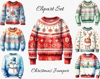 Christmas Jumper Watercolor Clipart Bundle - Digital Download, Scrapbook PNGs
