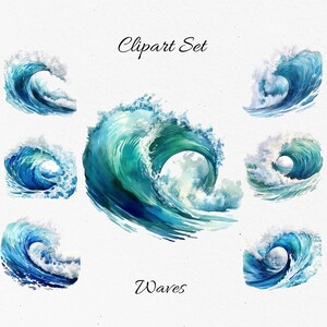 May include: A collection of watercolor wave illustrations in shades of blue and teal. The images depict cresting waves with white foam, showcasing the power and beauty of the ocean. The text "Clipart Set" and "Waves" are also included.