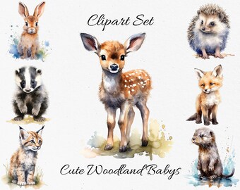 Cute Woodland Baby Animals, Wildlife Watercolor Clipart Bundle - Digital Download, Scrapbook PNGs