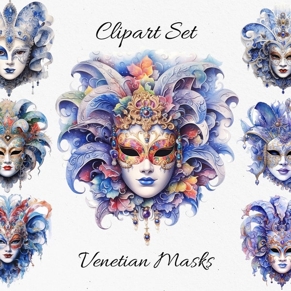 Venetian Masks Watercolor Clipart Bundle - Digital Download, Scrapbook PNGs