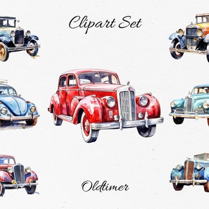Può includere: Illustrazione ad acquerello di un set di clipart con sette auto d'epoca in vari colori, tra cui blu, rosso e arancione. La parola "Oldtimer" è scritta in corsivo sotto le auto.