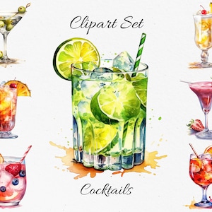 Cocktails, drankjes, aquarel clipart bundel - digitale download, scrapbook PNGs