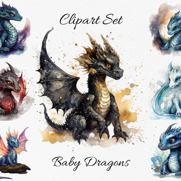 Baby Dragons, Fantasy , Dragon Watercolor Clipart Bundle  - Digital Download, Scrapbook PNGs