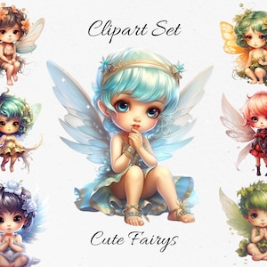 Könnte beinhalten: Ein digitales Clipart-Set mit sieben bezaubernden Feen mit großen Augen und zarten Flügeln. Jede Fee hat einzigartige Haare und Kleidung, mit Farben von Braun und Grün bis hin zu Rosa und Blau. Der Text "Clipart Set" und "Cute Fairys" ist zu sehen.