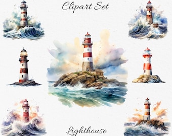 Lighthouses Watercolor Clipart Bundle - Digital Download, Scrapbook PNGs
