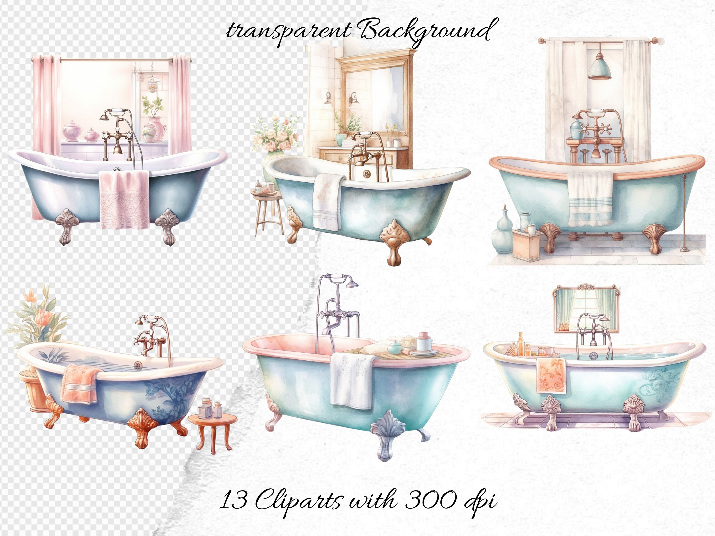 Bathtub, Vintage Watercolor Clipart Bundle Digital Download, Scrapbook ...