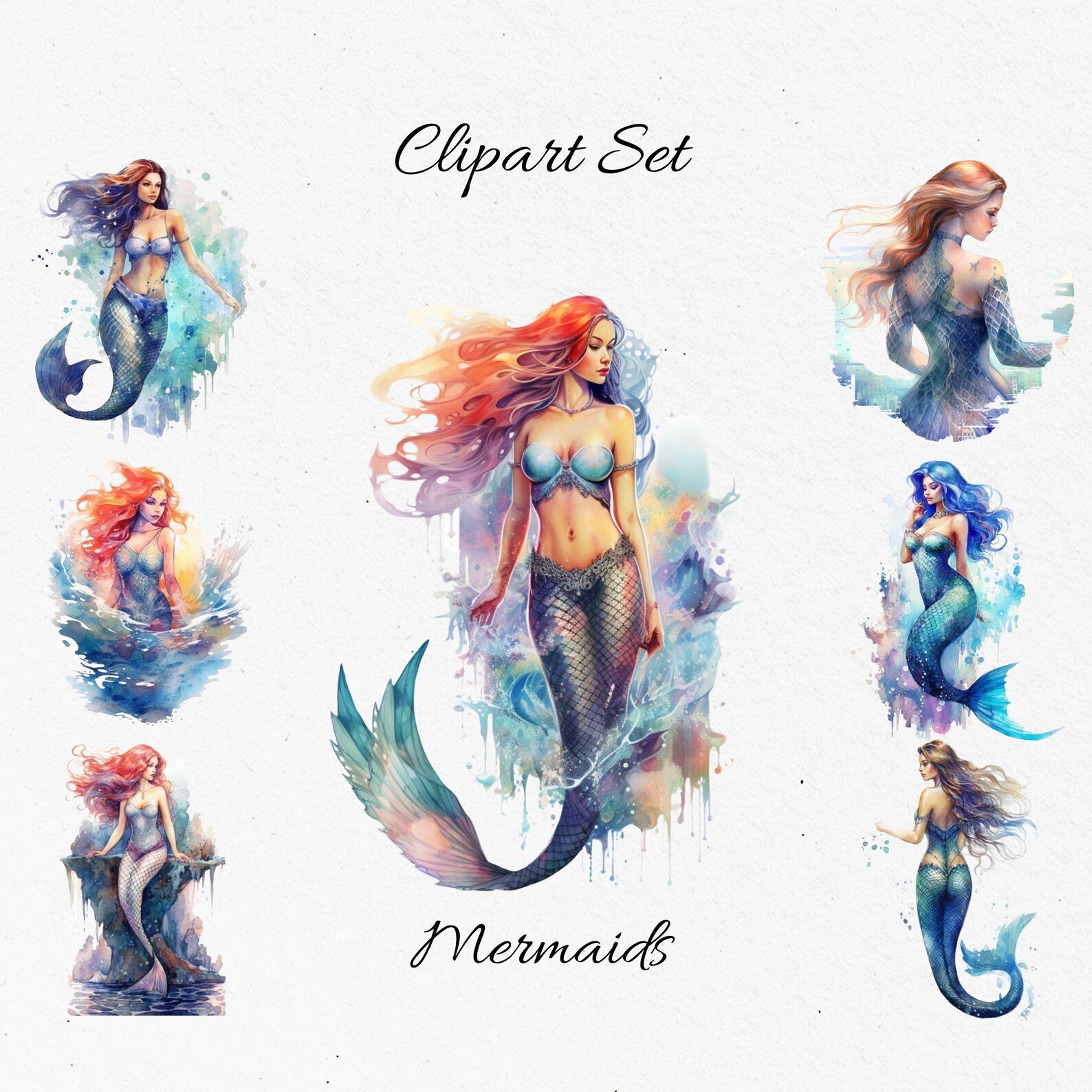 Mermaid Watercolor Clipart Bundle - Digital Download, Scrapbook Pngs - Etsy
