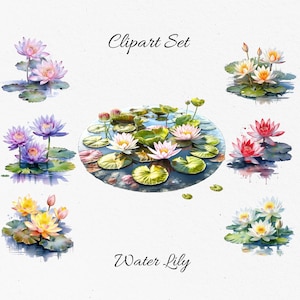 Nenúfar, Lótus, Flores Pacote de clipart em aquarela - Download digital, Álbum de recortes PNGs