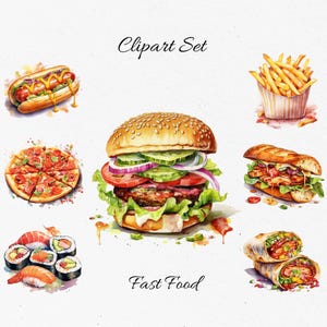 Könnte beinhalten: Ein Aquarell-Clipart-Set mit Fast-Food-Artikeln, darunter ein Hamburger, ein Hotdog, eine Pizza, Sushi, Pommes Frites, ein Burrito und ein Sandwich. Das Set trägt den Titel "Clipart Set" und "Fast Food".