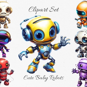 Könnte beinhalten: Eine digitale Illustration eines Clipart-Sets mit sieben niedlichen Baby-Robotern. Die Roboter sind in verschiedenen Farben gehalten, darunter Gelb, Orange, Rot, Lila und Silber. Der Text "Clipart Set" und "Cute Baby Robots" ist ebenfalls sichtbar.