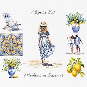 Mediterran Summer Watercolor Clipart Bundle  - Digital Download, Scrapbook PNGs