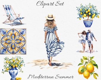 Mediterranean Summer Watercolor Clipart Bundle - Digital Download, Scrapbook PNGs
