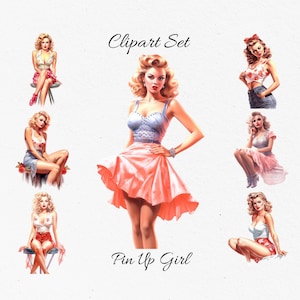 Pin Up Girls, Vintage  Watercolor Clipart Bundle  - Digital Download, Scrapbook PNGs