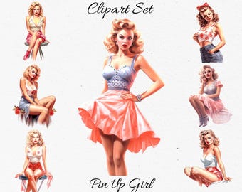 Pin Up Girls, Vintage Watercolor Clipart Bundle - Digital Download, Scrapbook PNGs