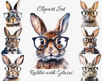 Easter, , Bunny with Glasses Watercolor Clipart Bundle - Digital Download, Scrapbook PNGs