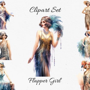 Flapper Girl, Woman , vintage Aquarelle Clipart Bundle - Téléchargement numérique, Scrapbook PNGs