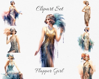 Flapper Girl, Woman , Vintage Watercolor Clipart Bundle - Digital Download, Scrapbook PNGs