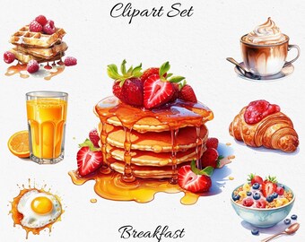 Breakfast , Food , Watercolor Clipart Bundle - Digital Download, Scrapbook PNGs