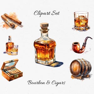 Bourbon y cigarros, paquete de imágenes prediseñadas de acuarela - Descarga digital, PNGs de álbum de recortes