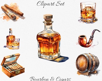 Bourbon and Cigars , Watercolor Clipart Bundle - Digital Download, Scrapbook PNGs