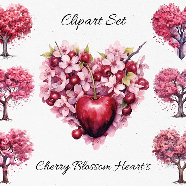 Blossom Trees, Valentine Heart, Nature Watercolor Clipart Bundle  - Digital Download, Scrapbook PNGs