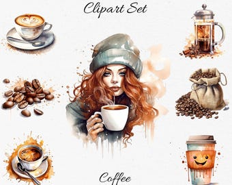 Coffee , Watercolor Clipart Bundle - Digital Download, Scrapbook PNGs
