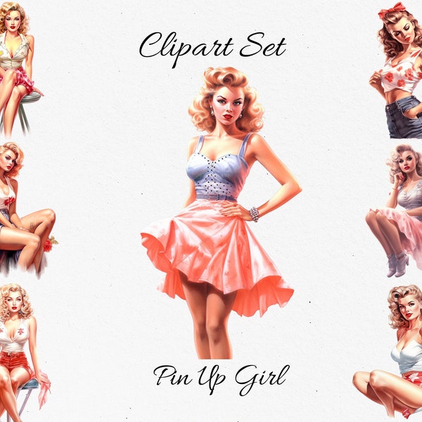 Pin Up Girls, Vintage Watercolor Clipart Bundle - Digital Download, Scrapbook PNGs