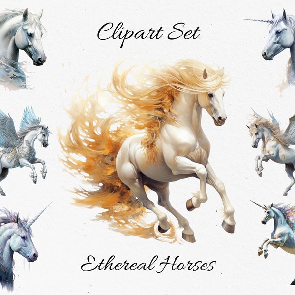 Ethereal Horses, Unicorn, Pegasus Watercolor Clipart Bundle - Digital Download, Scrapbook PNGs