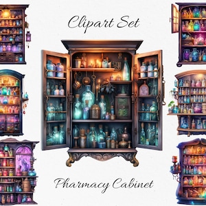 Könnte beinhalten: Eine digitale Illustration eines Apothekerschrank-Clipart-Sets. Das Bild zeigt mehrere Apothekerschränke, die mit bunten Flaschen und Gläsern gefüllt sind. Der Text "Clipart Set" und "Pharmacy Cabinet" sind enthalten.