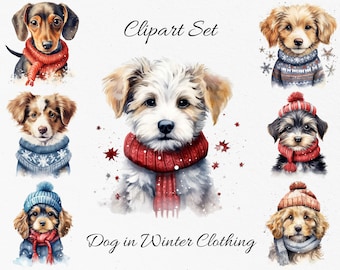 Dogs in Winter Clothing Watercolor Clipart Bundle - Digital Download, Scrapbook PNGs