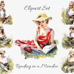 Leyendo en un prado, Mujer leyendo, Paquete de imágenes prediseñadas de acuarela - Descarga digital, PNGs de álbum de recortes