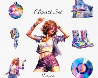 Disco, Watercolor Clipart Bundle - Digital Download, Scrapbook PNGs