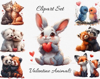 Valentine Animals, Valentines Day Watercolor Clipart Bundle - Digital Download, Scrapbook PNGs