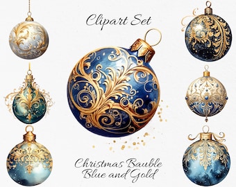 Christmas Baubles, Blue and Gold Watercolor Clipart Bundle - Digital Download, Scrapbook PNGs