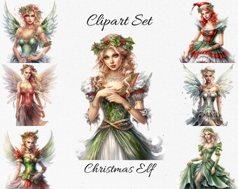 Christmas Elf, Fantasy Watercolor Clipart Bundle - Digital Download, Scrapbook PNGs