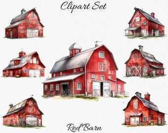 Red Barns, Farm Watercolor Clipart Bundle - Digital Download, Scrapbook PNGs