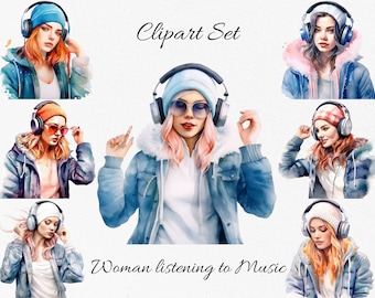 Woman listening to music Watercolor Clipart Bundle - Digital Download, Scrapbook PNGs