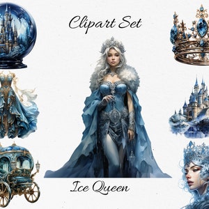 Könnte beinhalten: Ein digitales Clipart-Set mit dem Thema Eiskönigin. Das Set enthält eine Schneekugel mit einem Schloss, ein blaues Kleid, eine Kutsche, eine Krone, ein Schloss und ein Porträt einer Frau mit Krone. Der Text "Clipart Set" und "Ice Queen" sind ebenfalls enthalten.